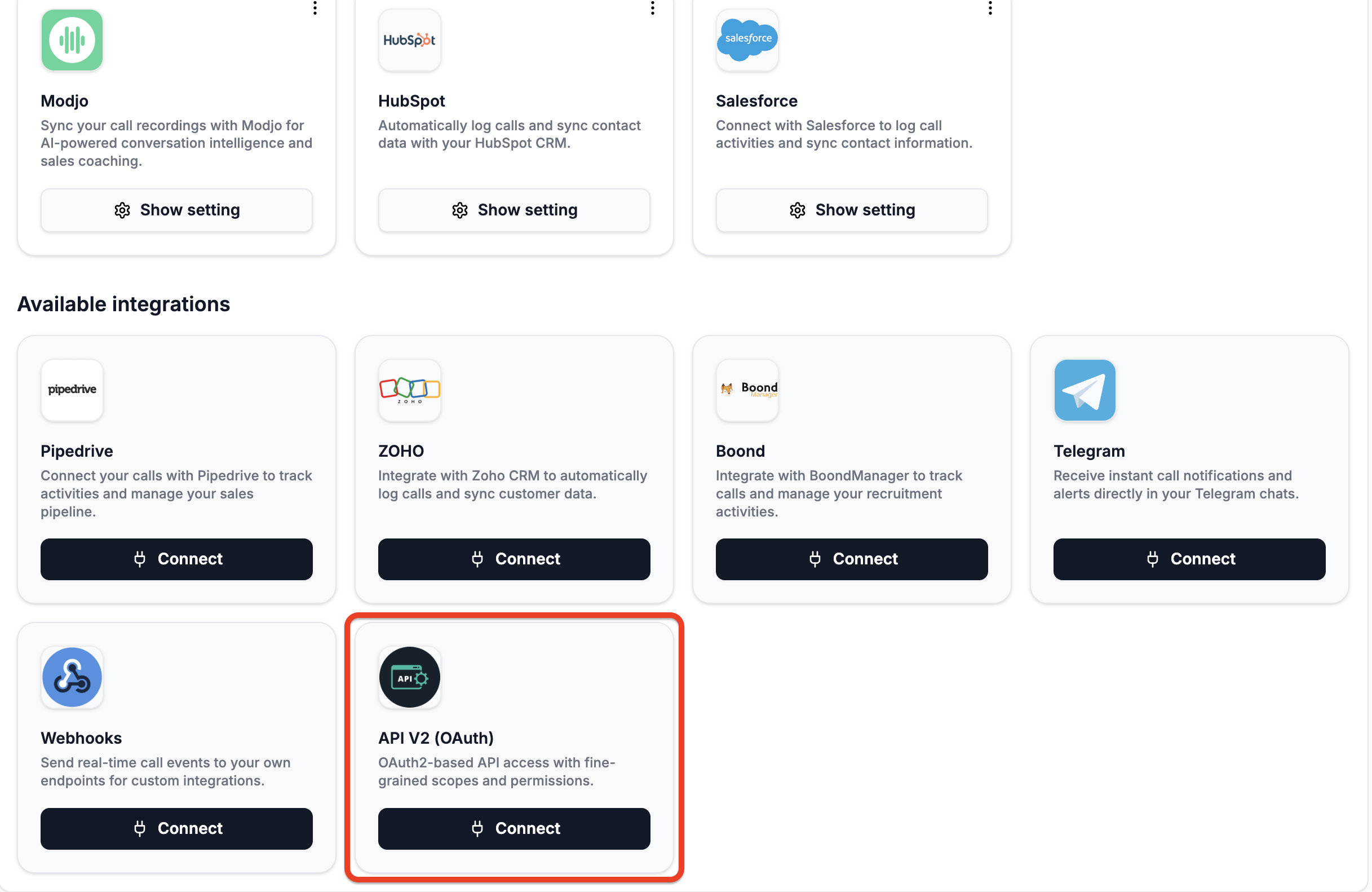 Integrations page with API V2 card