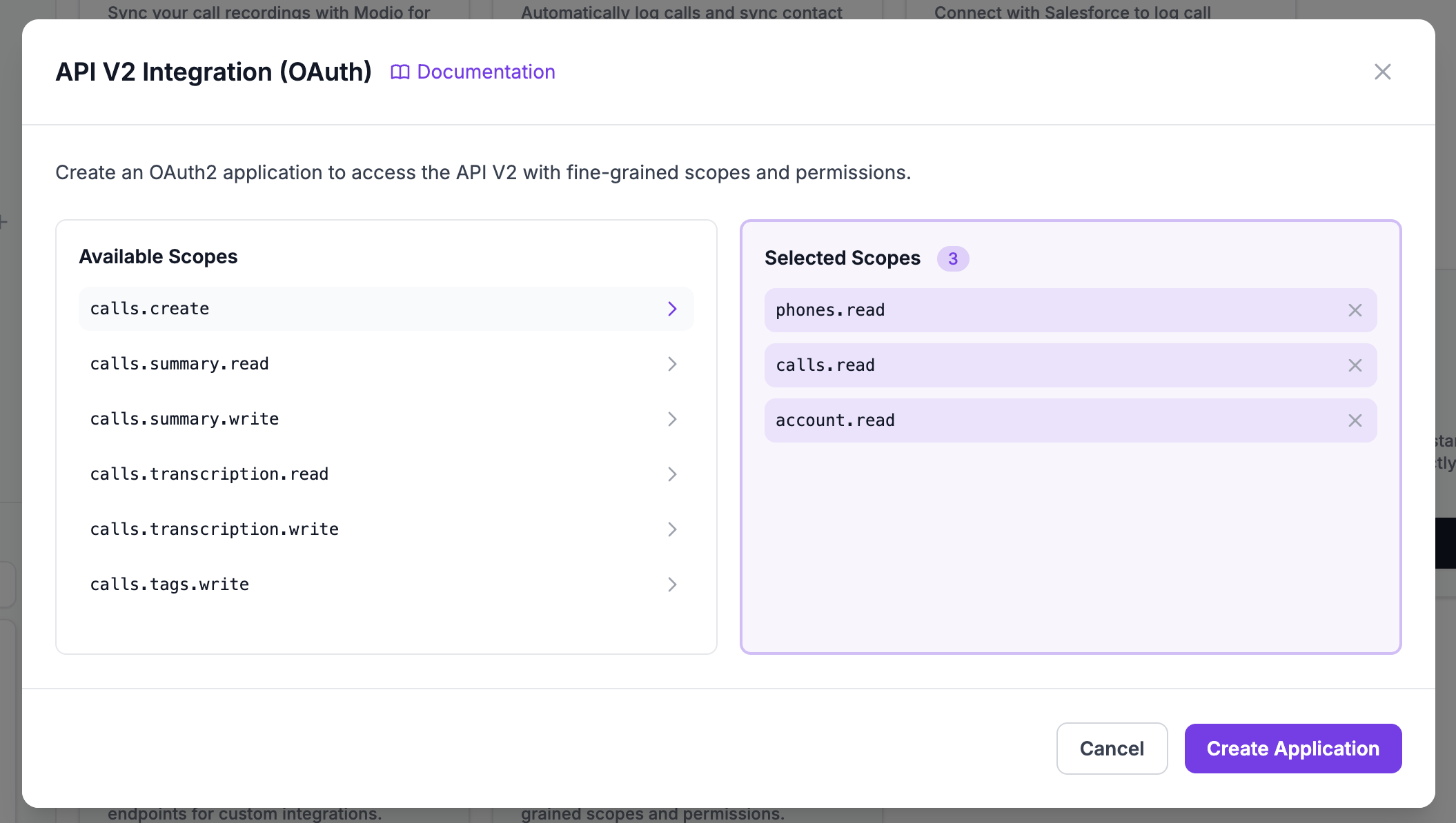 Scope selector with selected scopes