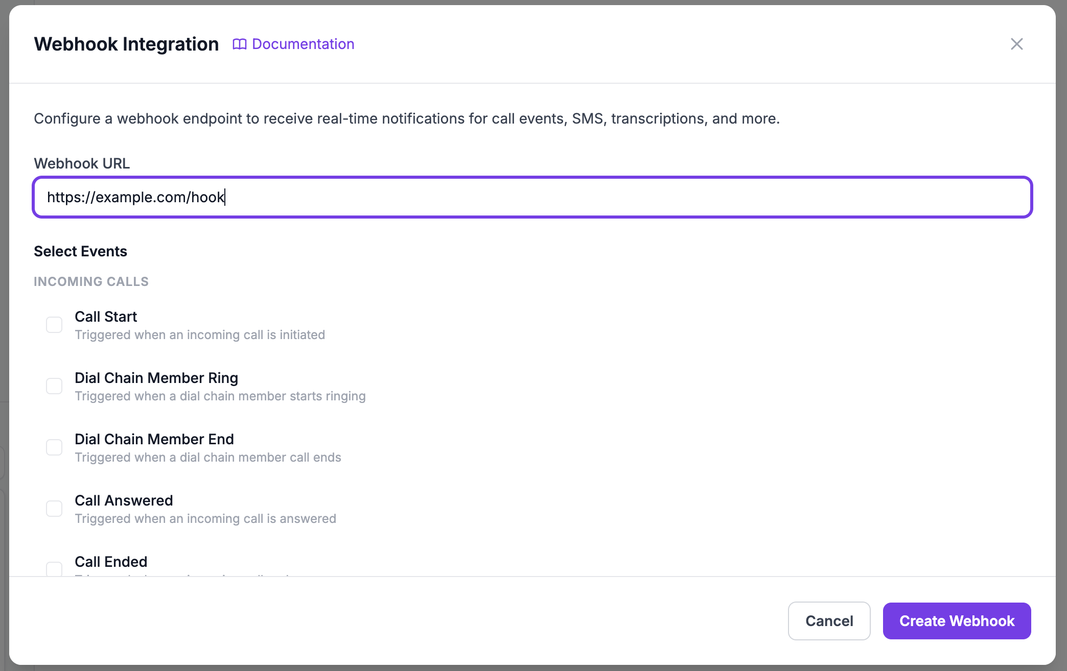 Webhook form — entering URL