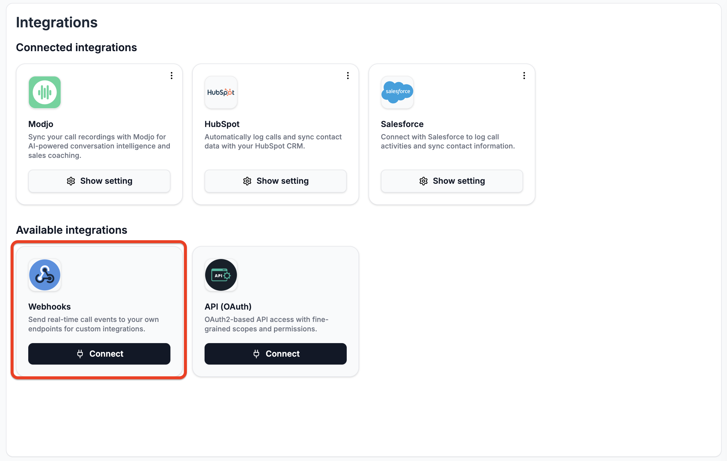 Integrations page showing the Webhooks card