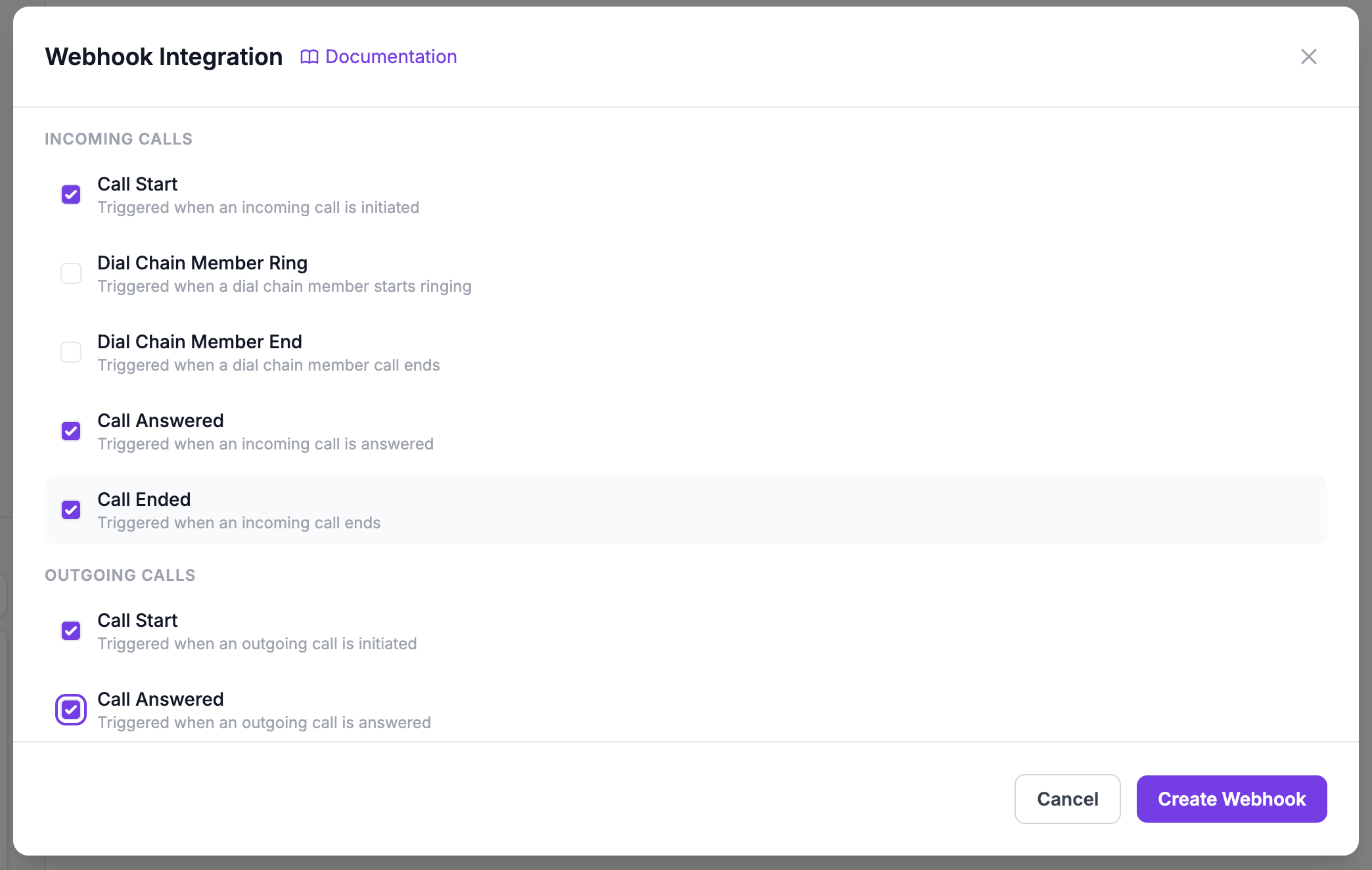 Event selector showing grouped checkboxes