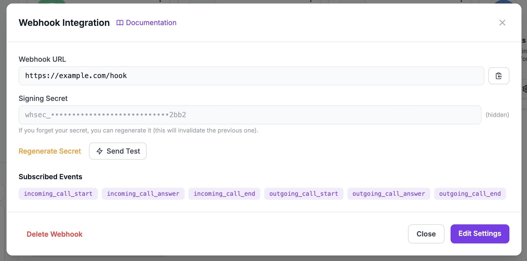 Webhook settings modal
