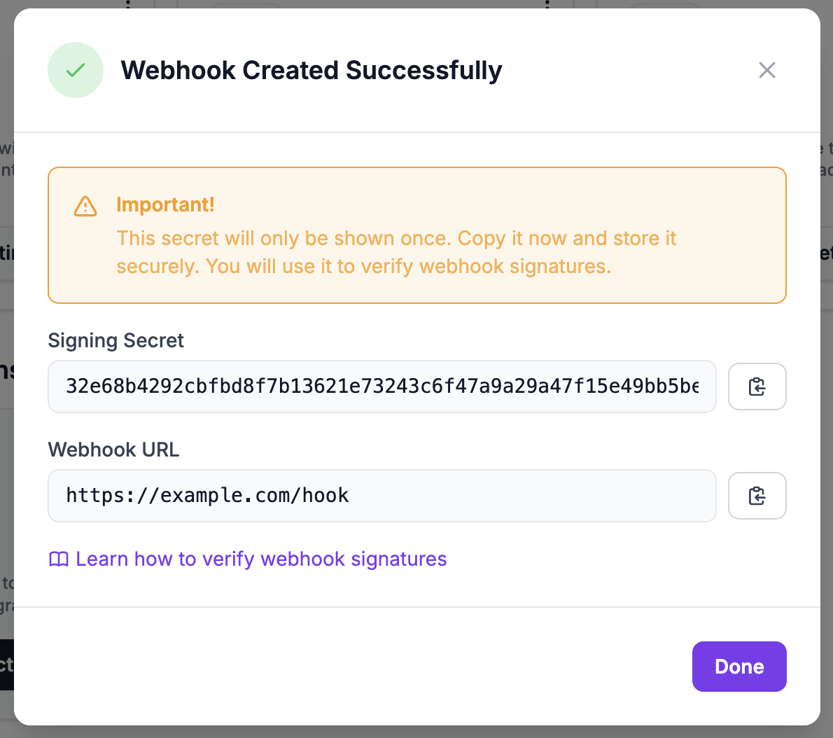 Signing secret displayed after creation